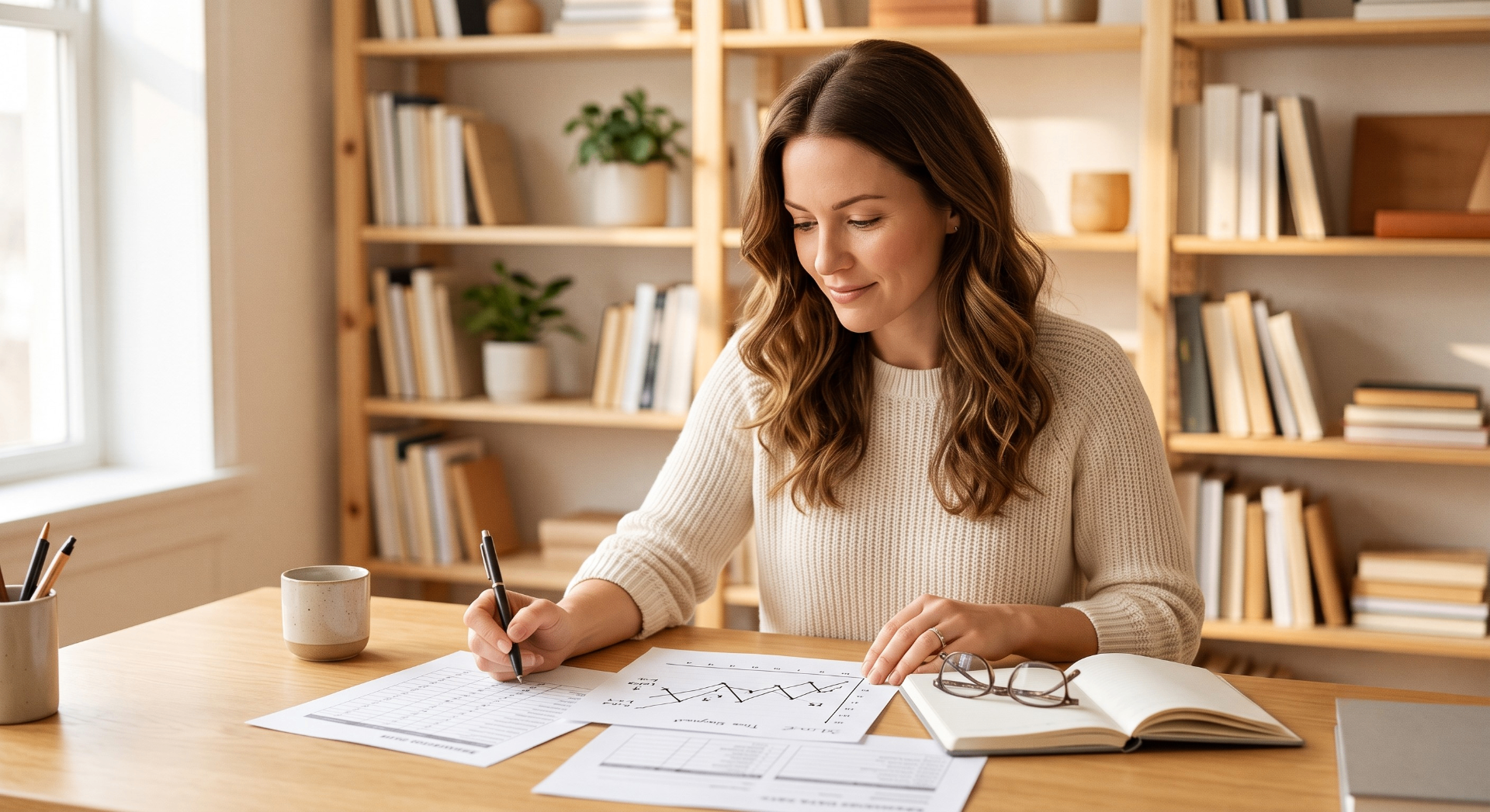 Profissional estudando registros de dados comportamentais em ambiente de trabalho tranquilo