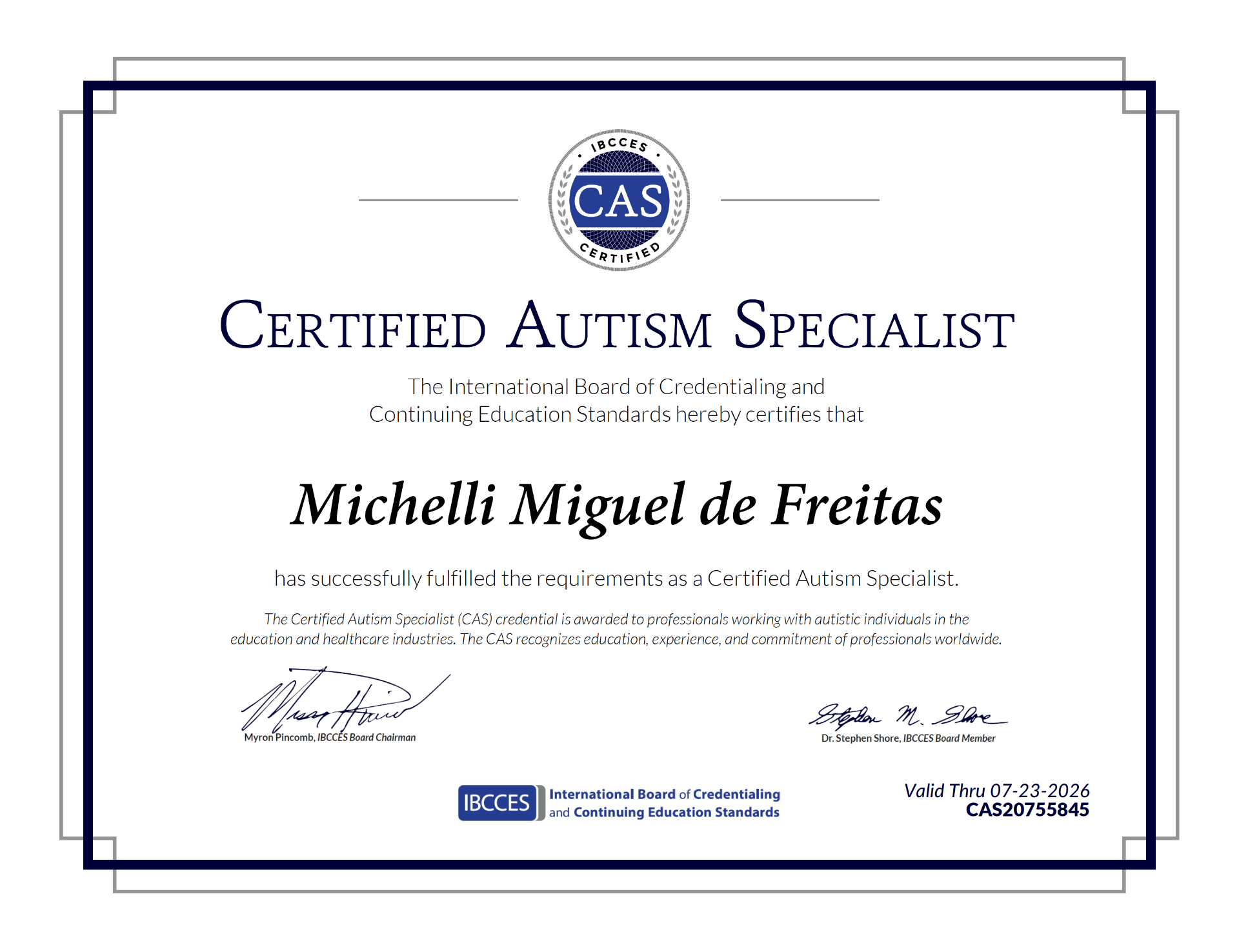 Certificado Certified Autism Specialist emitido pelo IBCCES para Michelli Freitas